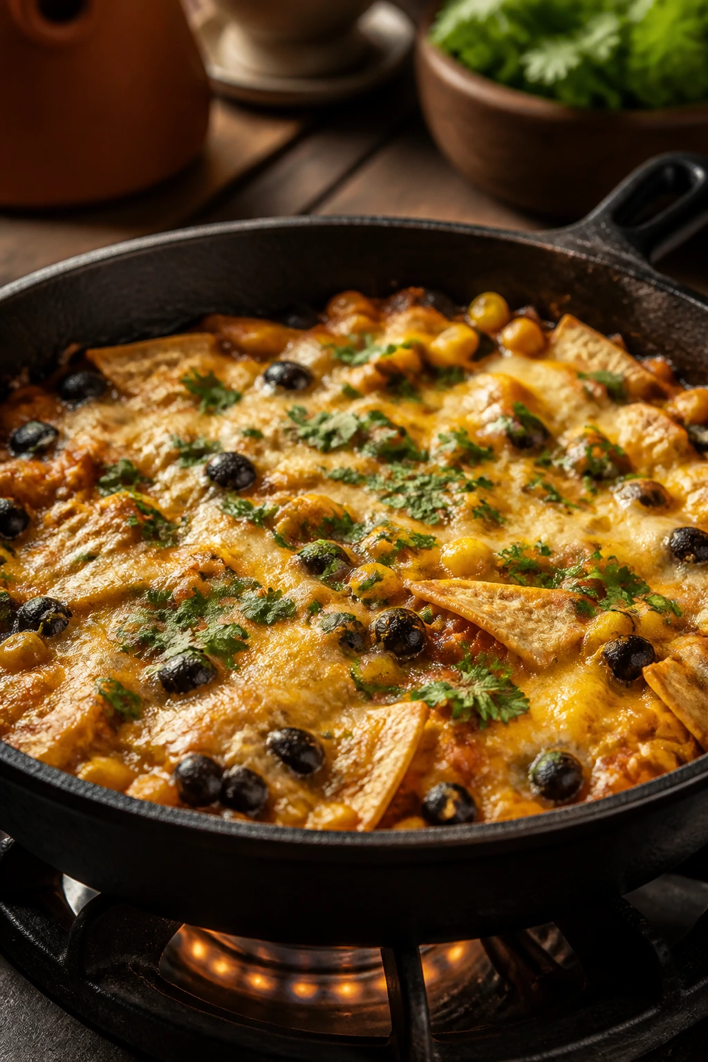 Cast-iron skillet with black bean enchilada mixture and melted cheese