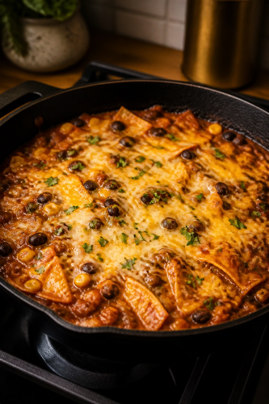 Close-up of black bean enchilada skillet with bubbling cheese