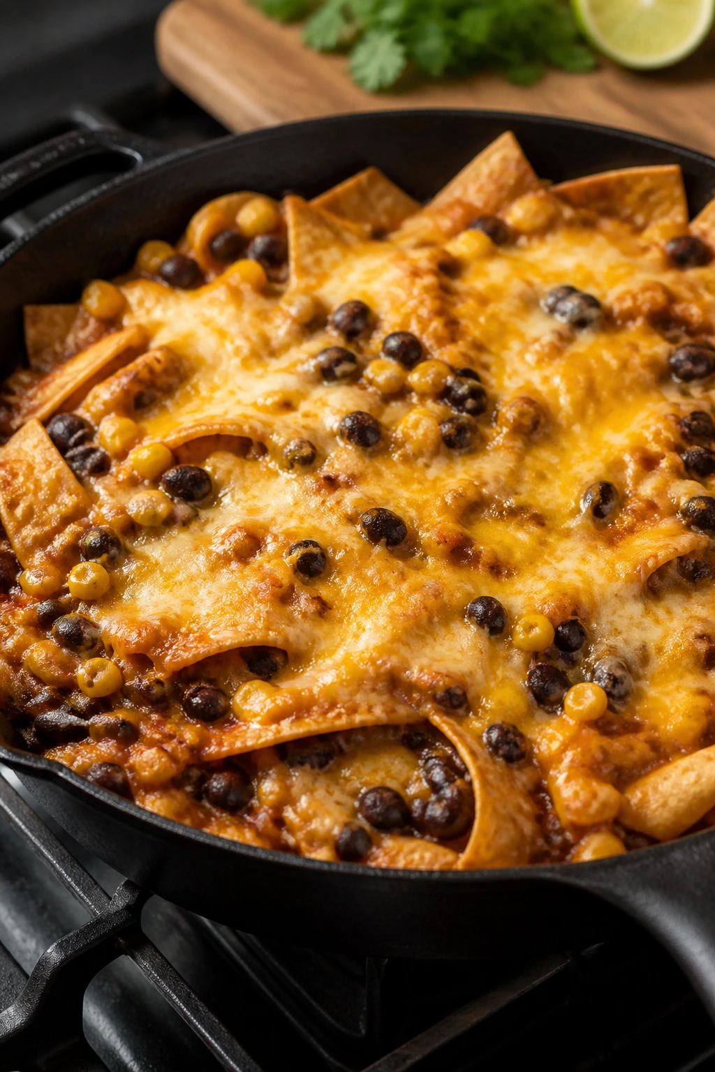 Skillet with black beans, enchilada sauce, corn, and melted cheese