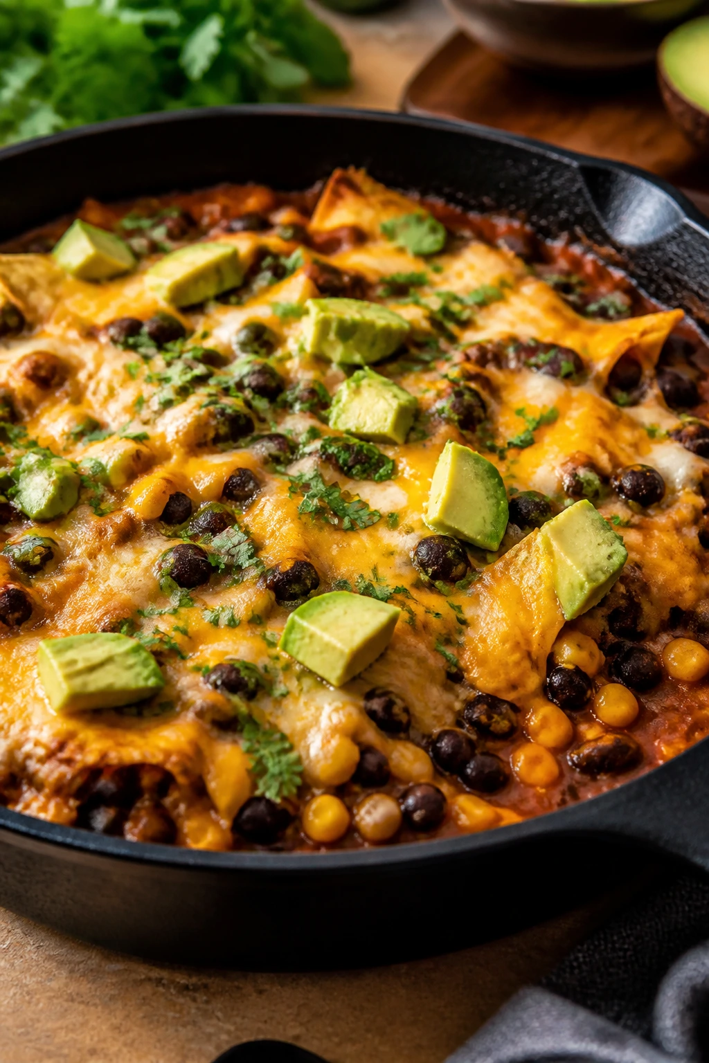 Skillet of black bean enchilada with cheese and sauce