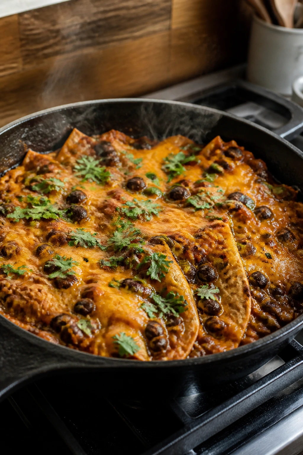 Skillet of black bean enchiladas with melted cheese