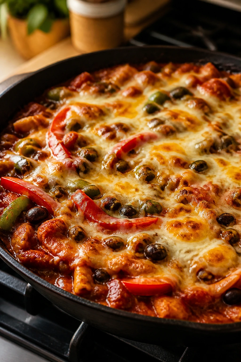 Black Bean Enchilada Skillet in a skillet with cheese