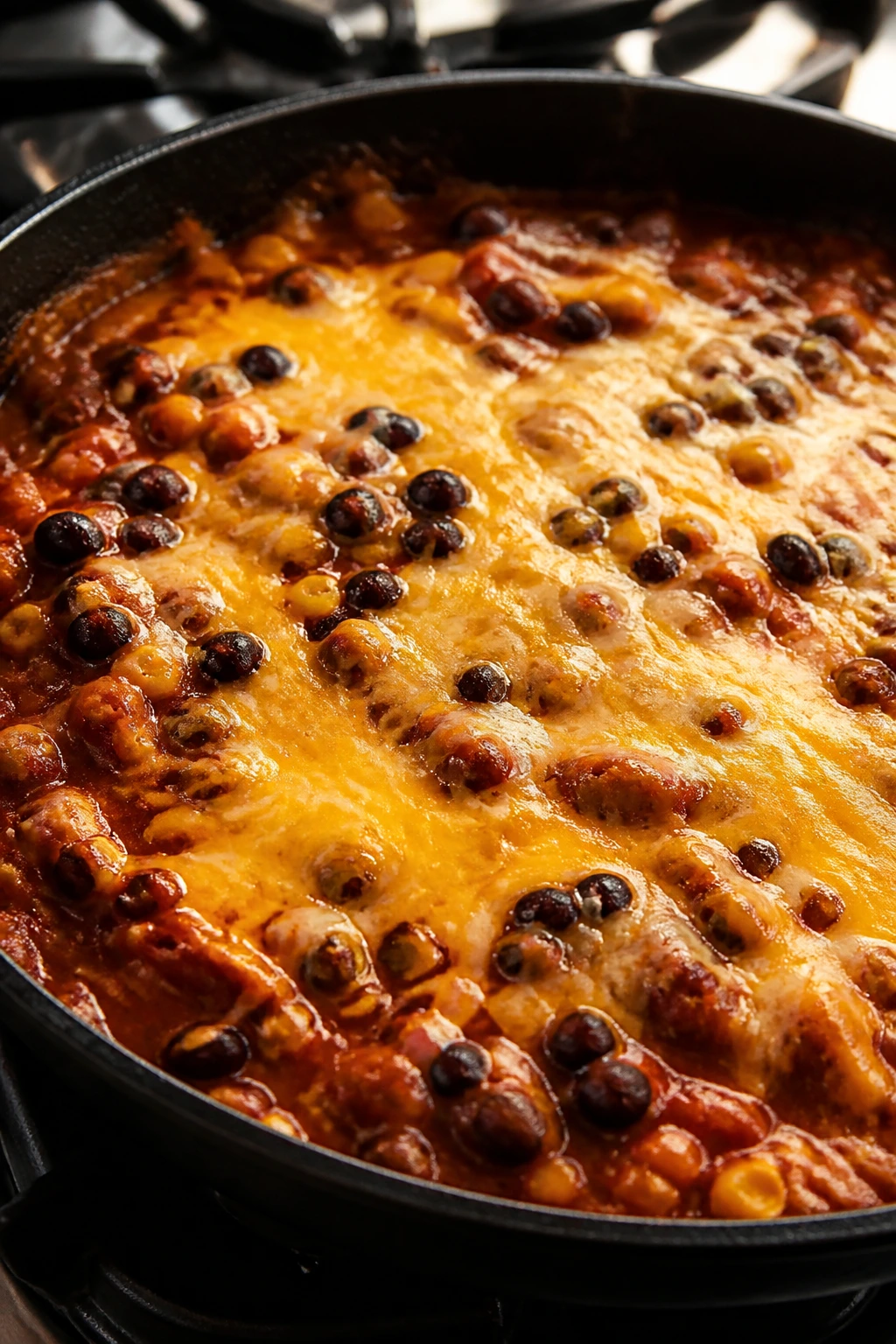 Close-up of black bean enchilada skillet with melted cheese