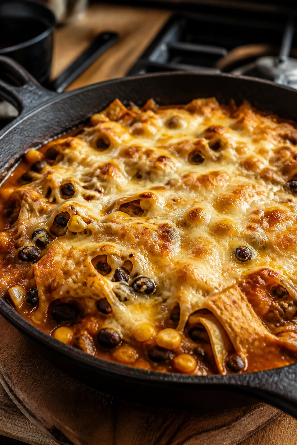 Close-up of black bean enchilada skillet with cheese in a cast-iron pan