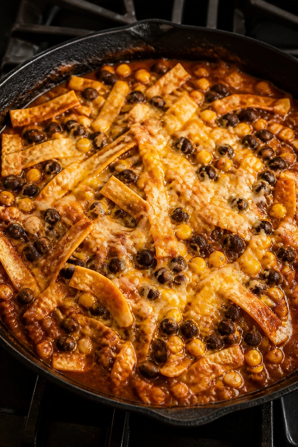 Black beans and enchilada skillet with corn and melted cheese