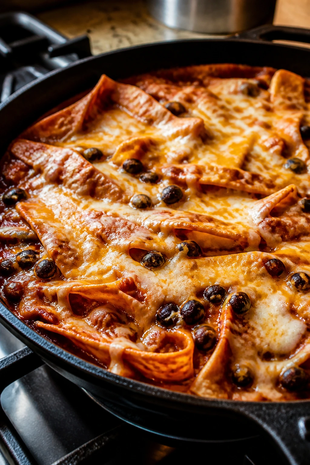 Close-up of black bean enchilada skillet with cheese and tortillas