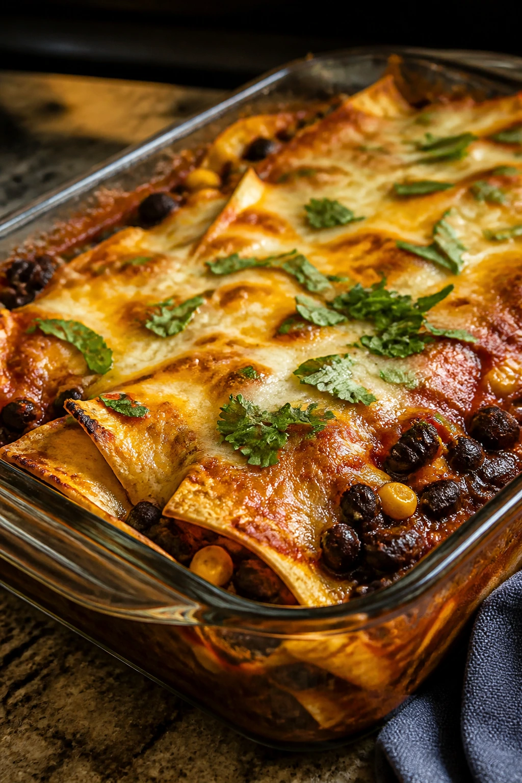 Layered black bean enchilada bake with tortillas and cheese in a baking dish