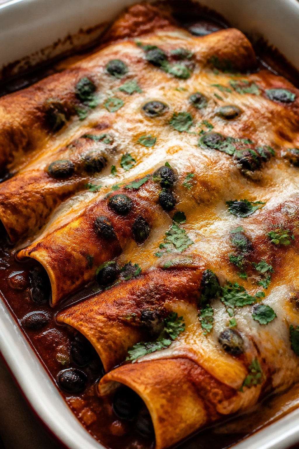 Enchiladas baked in sauce and cheese in a baking dish