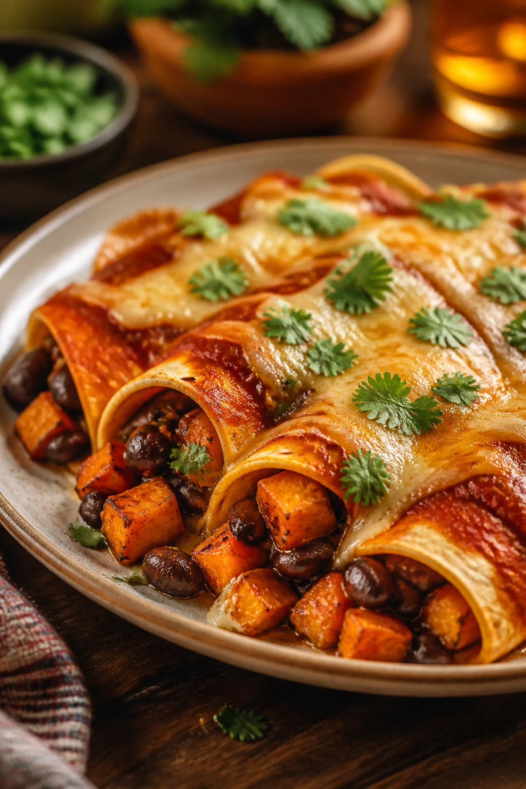 Enchiladas filled with black beans and sweet potatoes