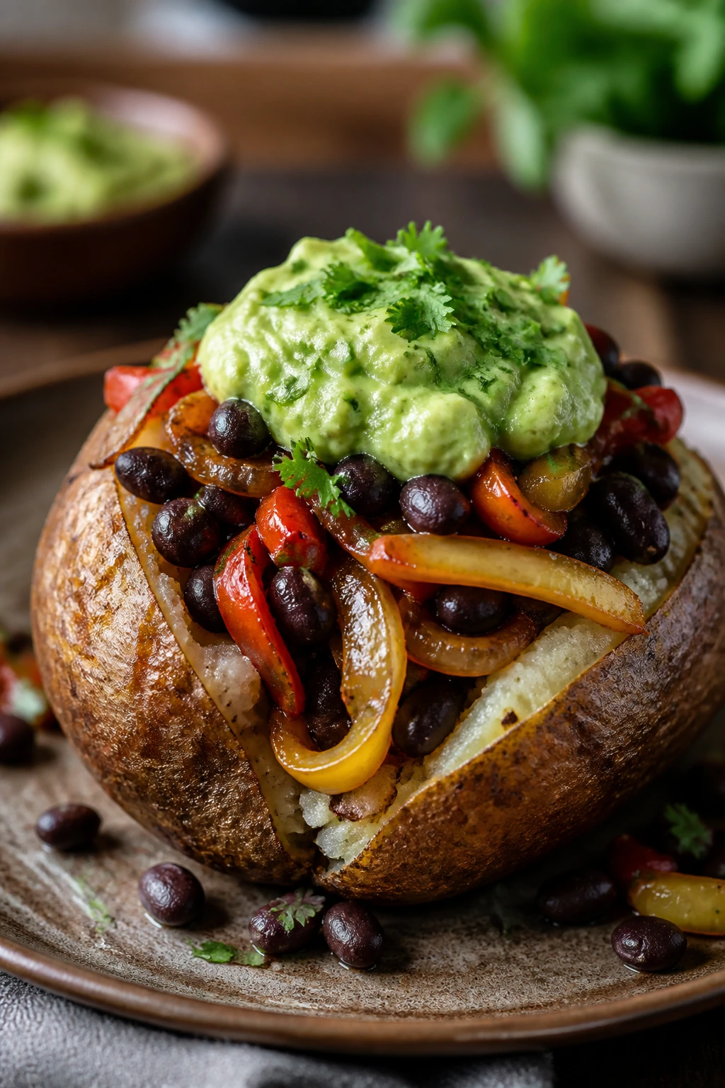 Potato topped with black beans fajita vegetables and avocado crema