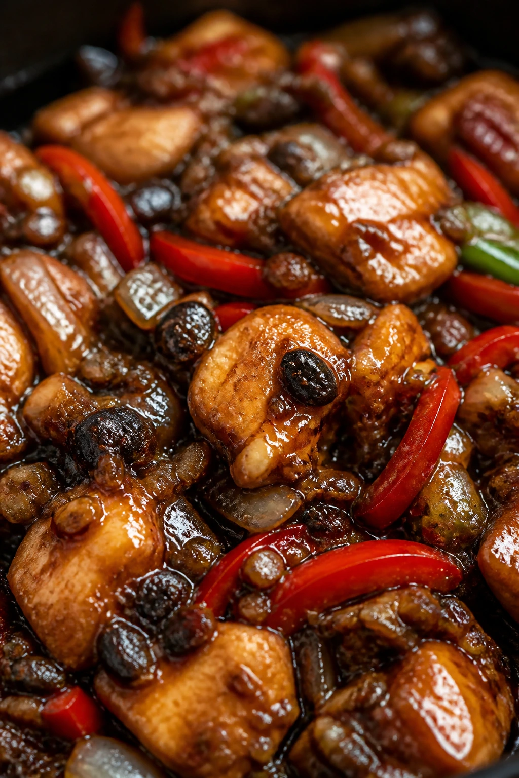 Close-up of Black Bean Garlic Chicken in a bowl