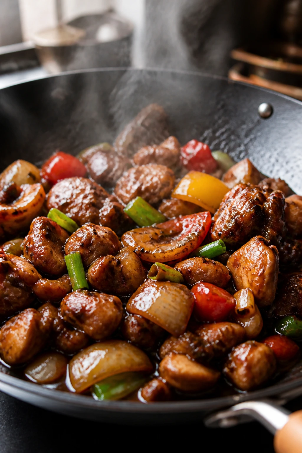 Close-up of chicken with black bean garlic sauce sizzling in a wok.