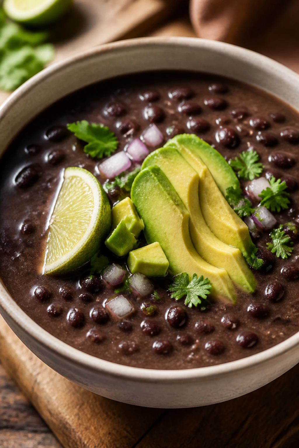 Close-up of black bean soup with lime and avocado toppings