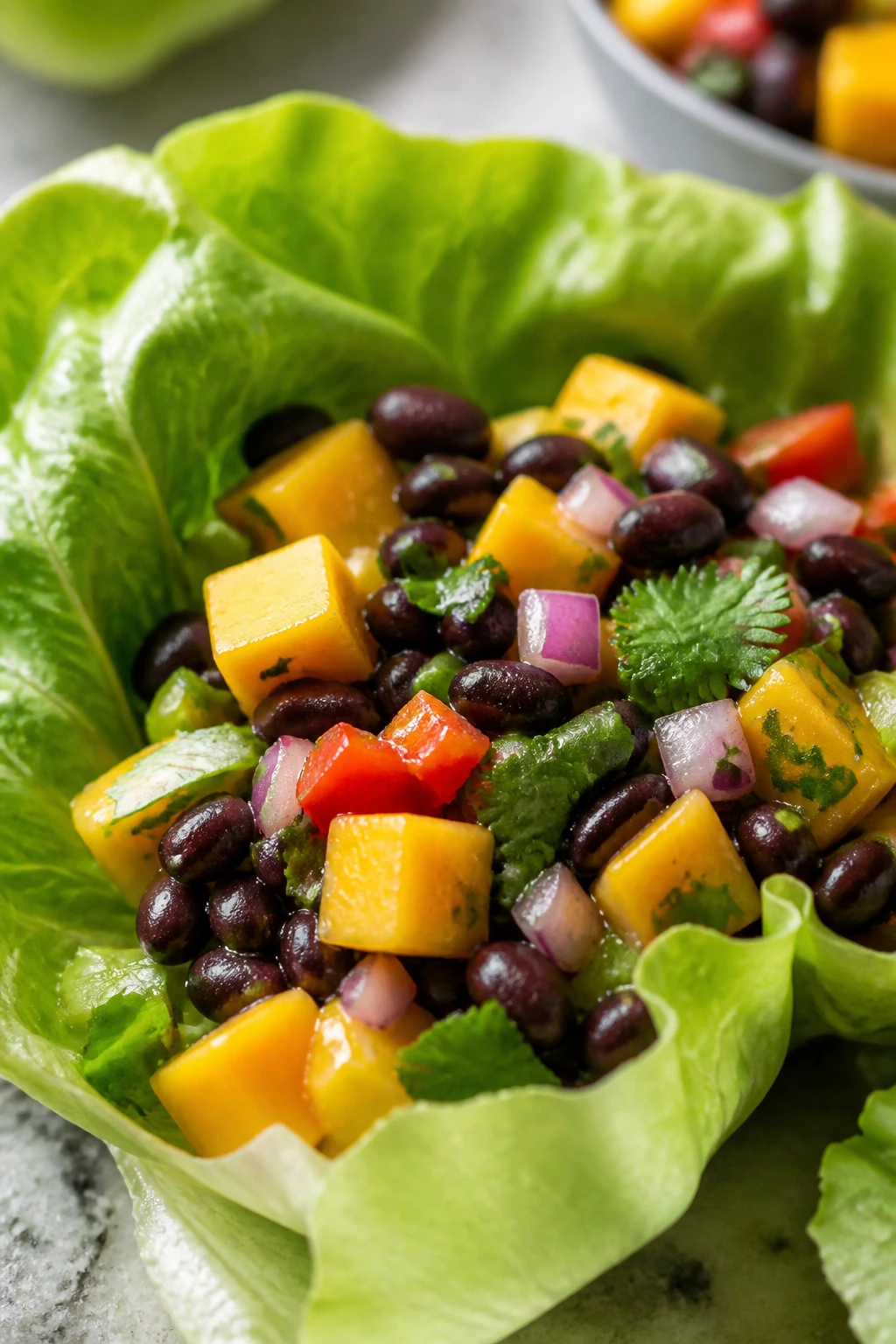 Close-up of a butter lettuce cup filled with black beans and mango