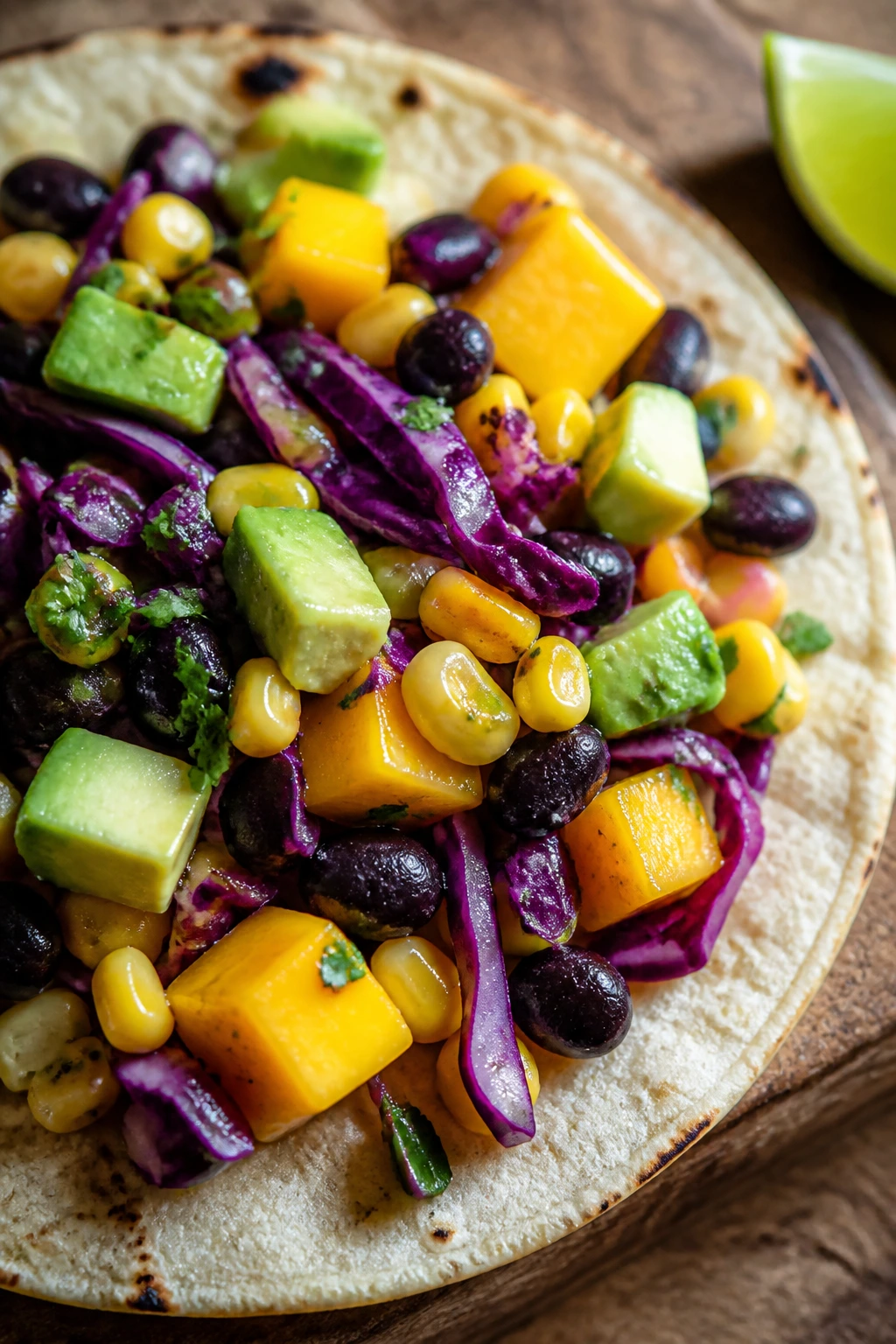 Close-up of a single black bean mango corn taco with avocado
