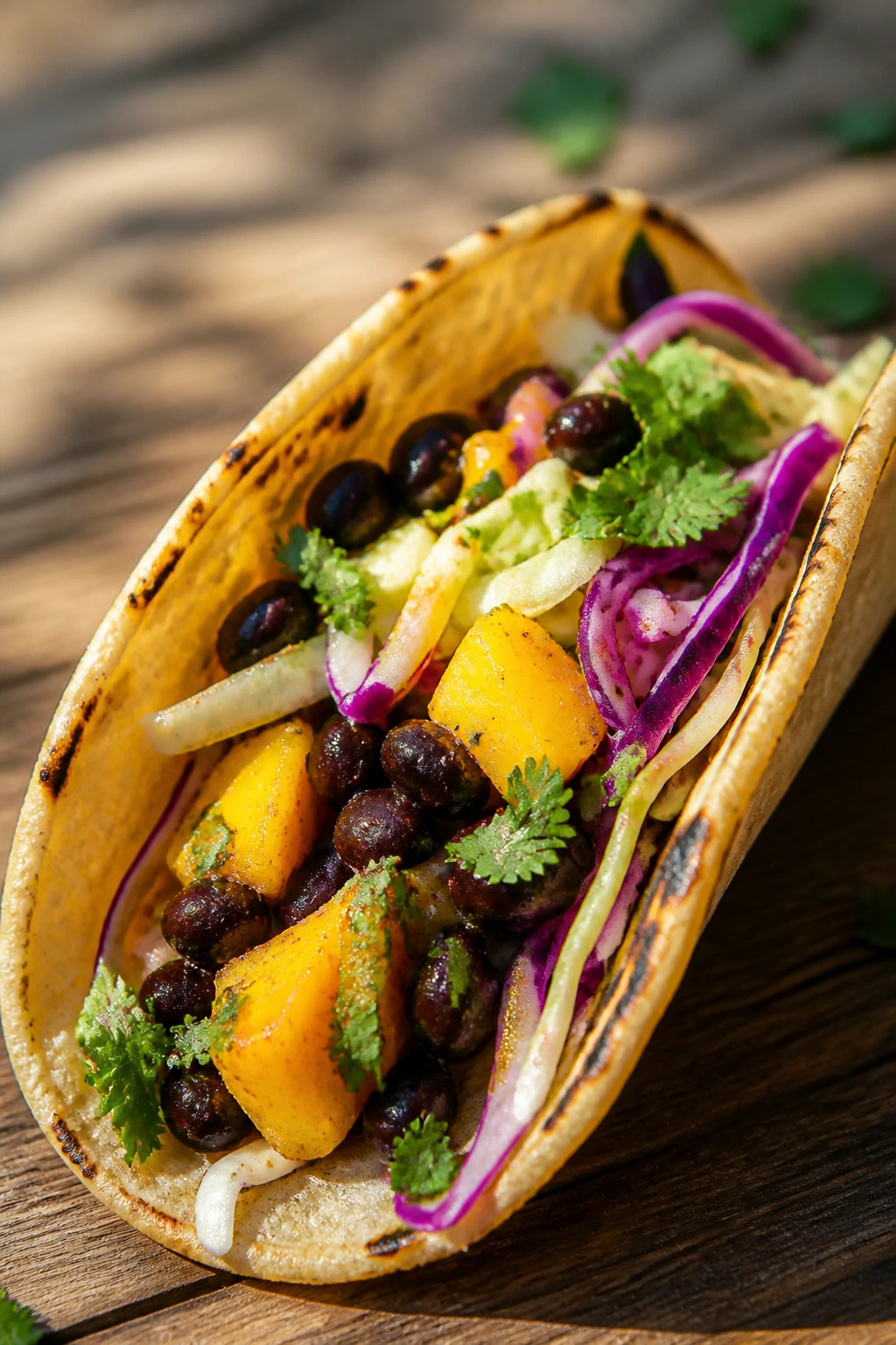 Close-up Smoky Black Bean Mango Tacos on a sunny outdoor table