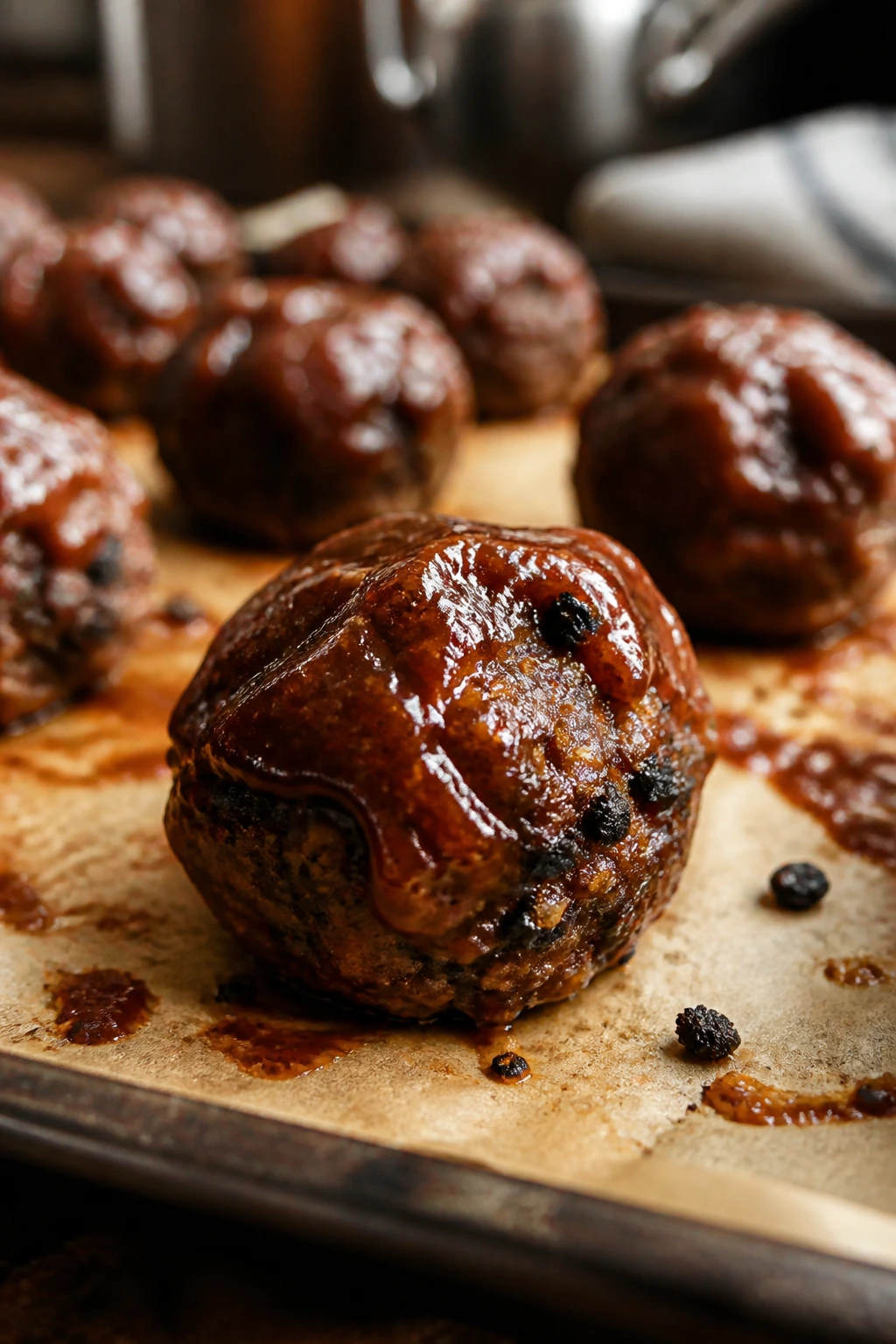 Dark black bean-infused meatball with bean specks on parchment