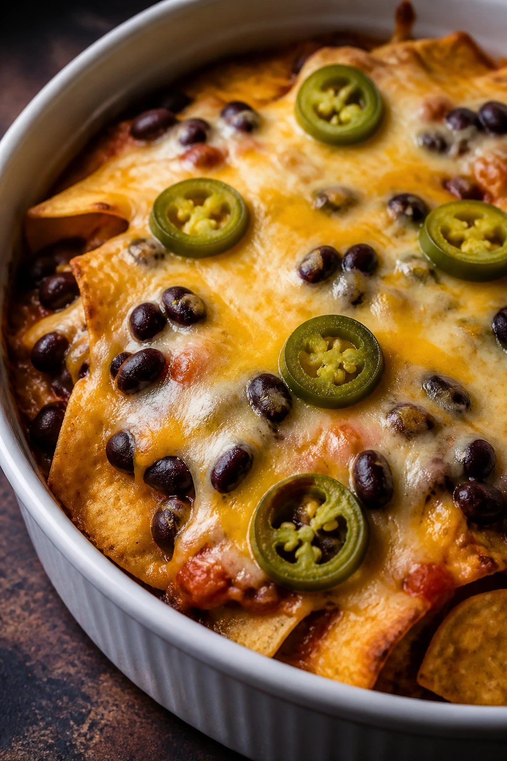 Nacho bowls with beans and melted cheese in a dish