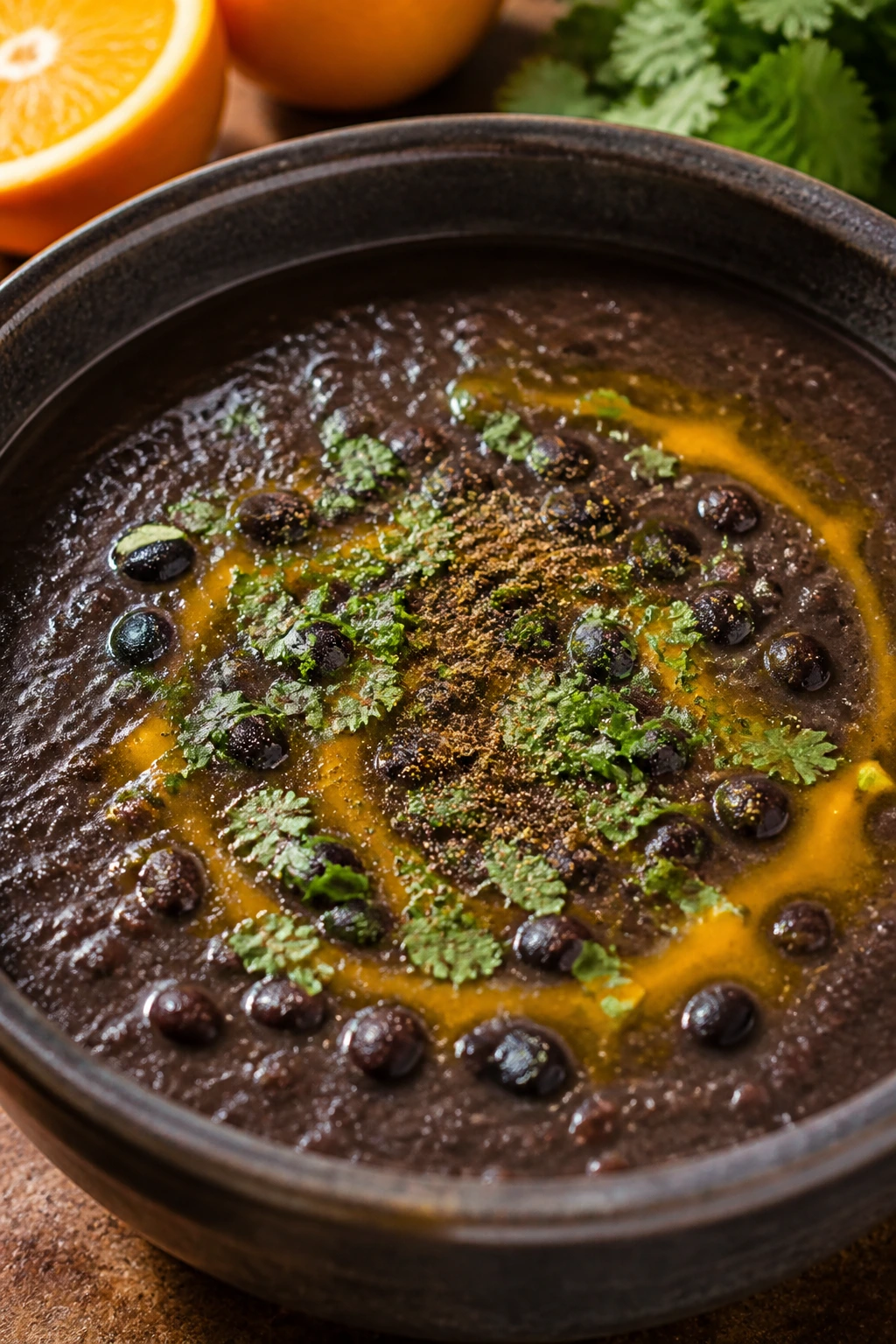 Thick black bean soup with orange swirl and cilantro