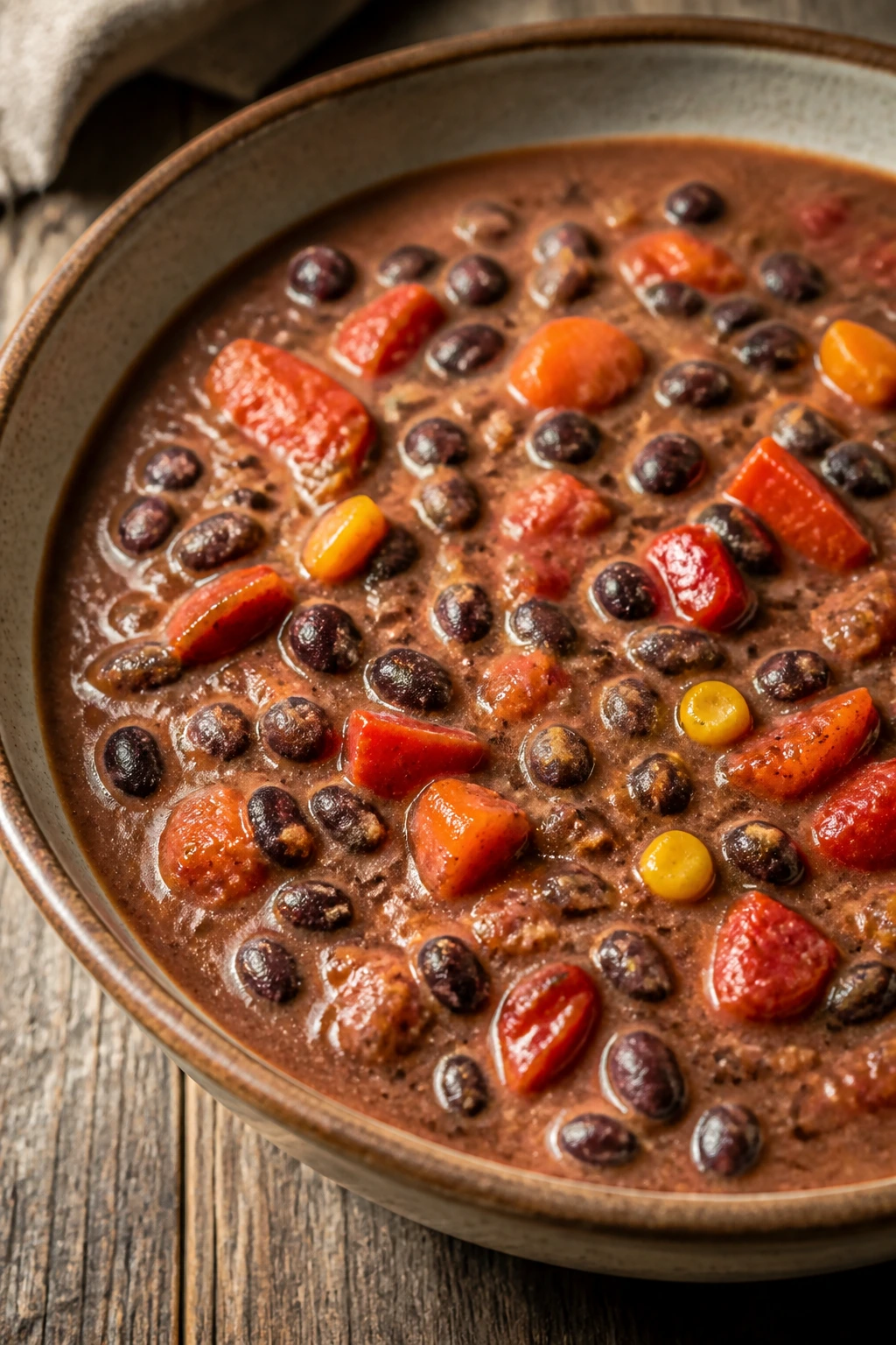 Close-up of black bean and roasted pepper chowder in a rustic bowl.