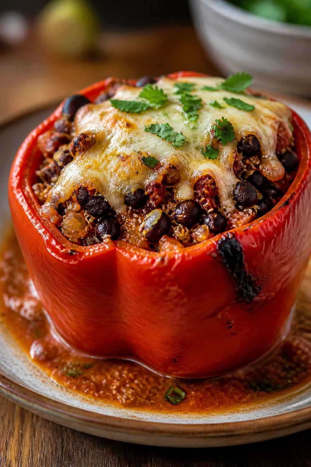 Red bell pepper stuffed with black beans and quinoa.
