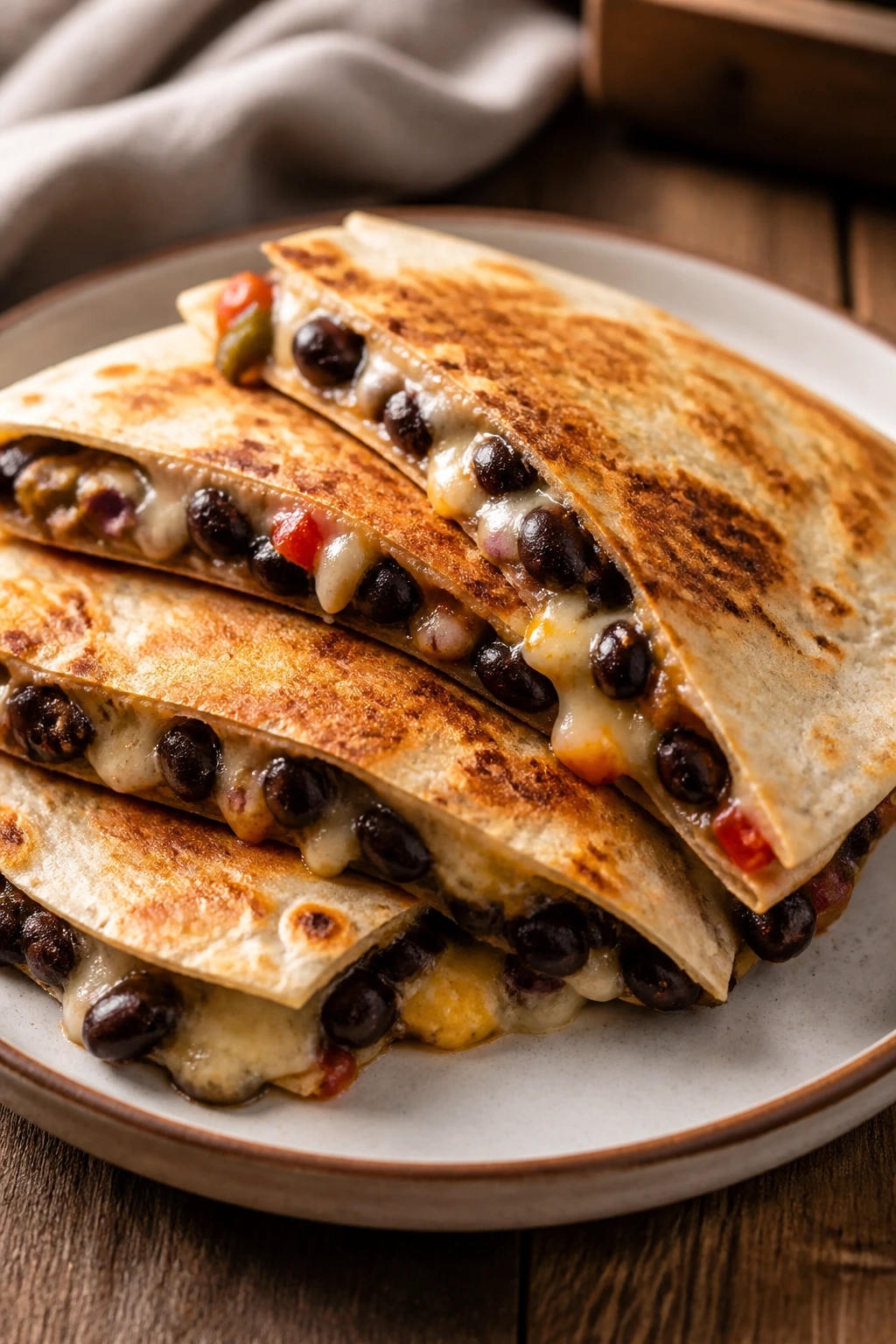Quesadilla halves with black beans and melted cheese on a plate