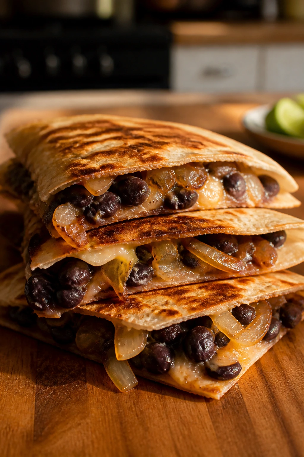 Close-up of black bean quesadilla with melted cheese and cumin onions