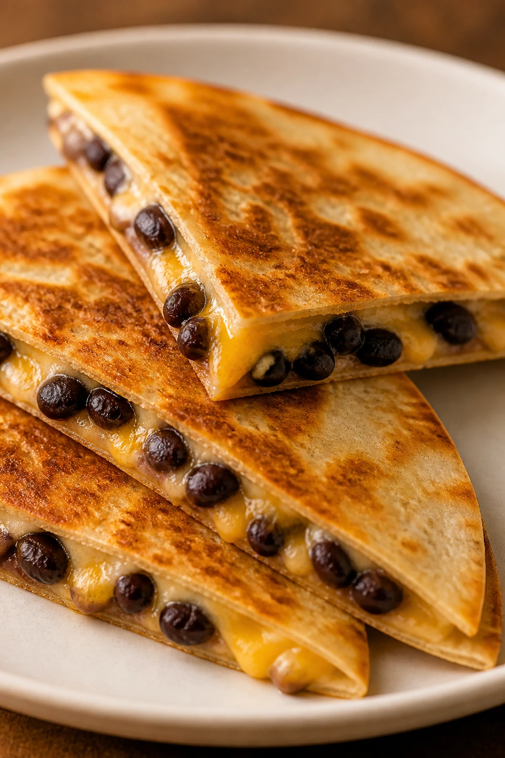 Close-up of black bean quesadillas cut into triangles on a plate