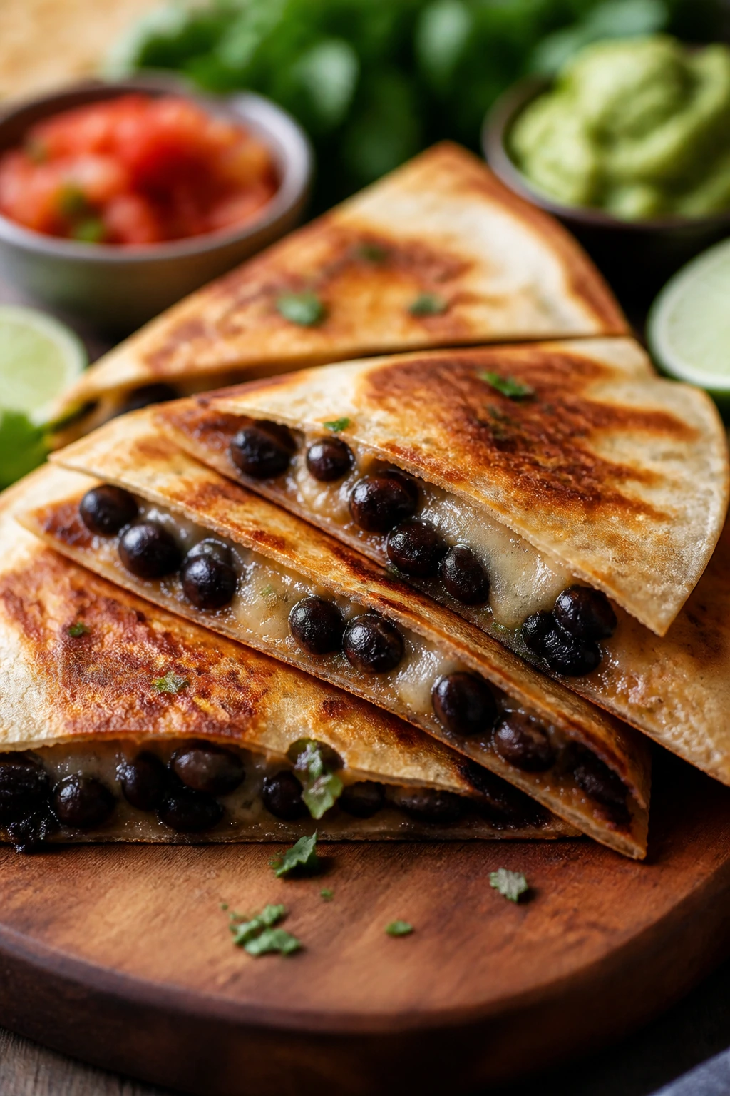 Crispy Black Bean Quesadillas on a wooden board
