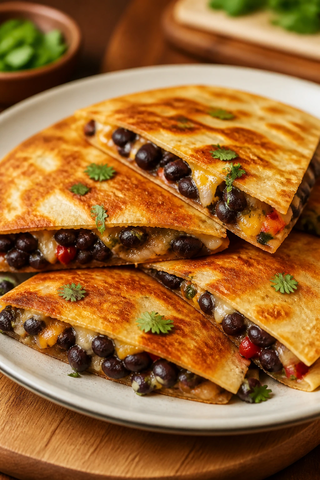 Close-up of black bean quesadillas on a plate.