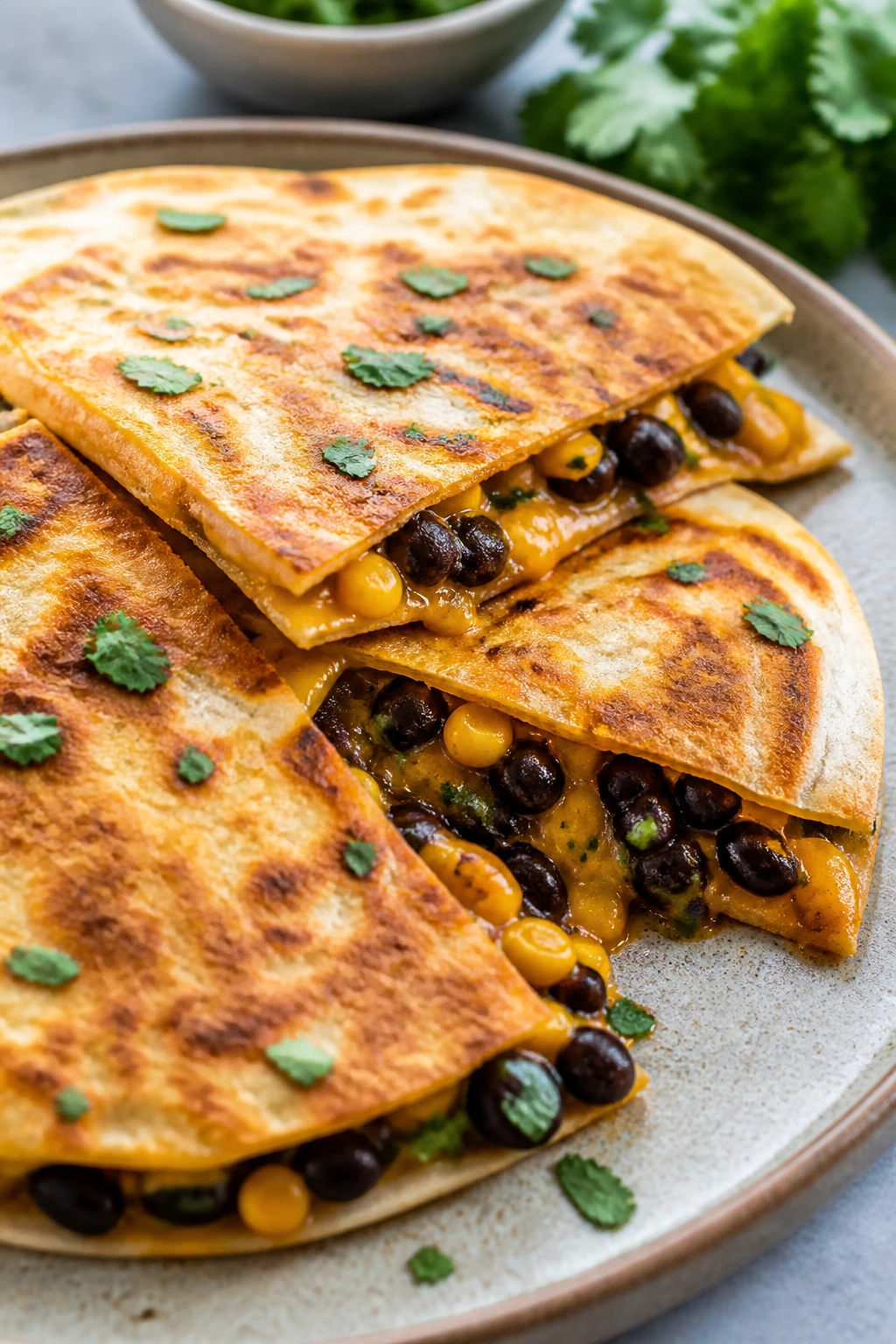 Close-up of black bean and corn quesadillas on a plate