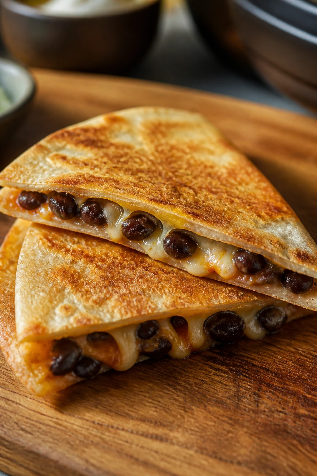 Close-up of a crisp black bean and cheese quesadilla