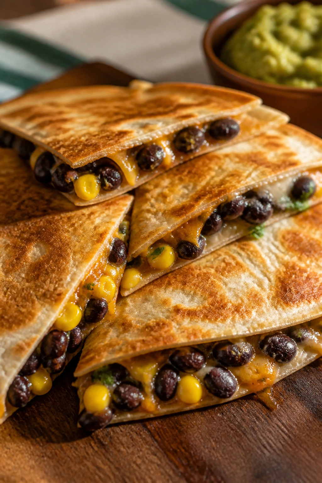 Crispy black bean quesadillas cut into wedges on a plate