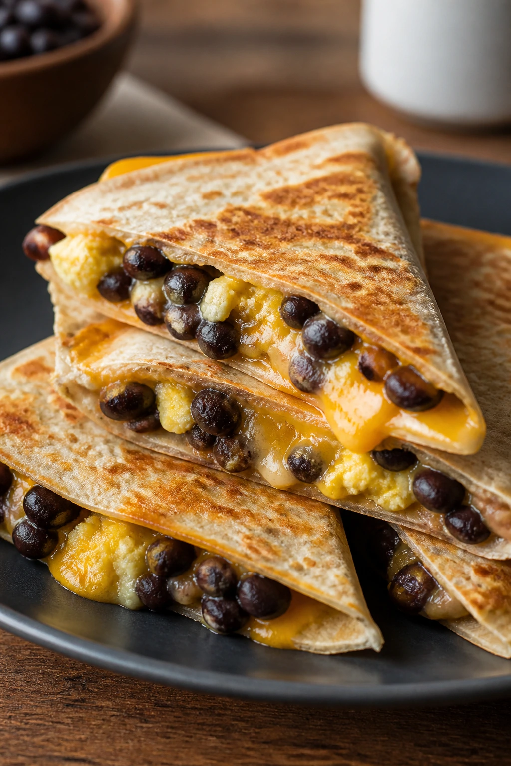 Close-up of black bean breakfast quesadillas cut into wedges