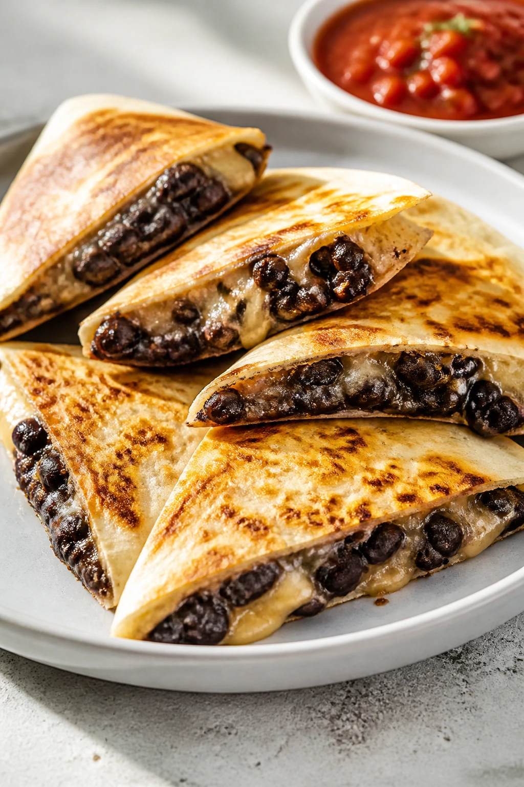 Close-up of black bean quesadillas cut into wedges.