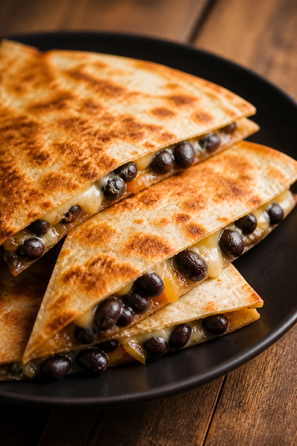 Quesadillas with black bean filling on a dark plate