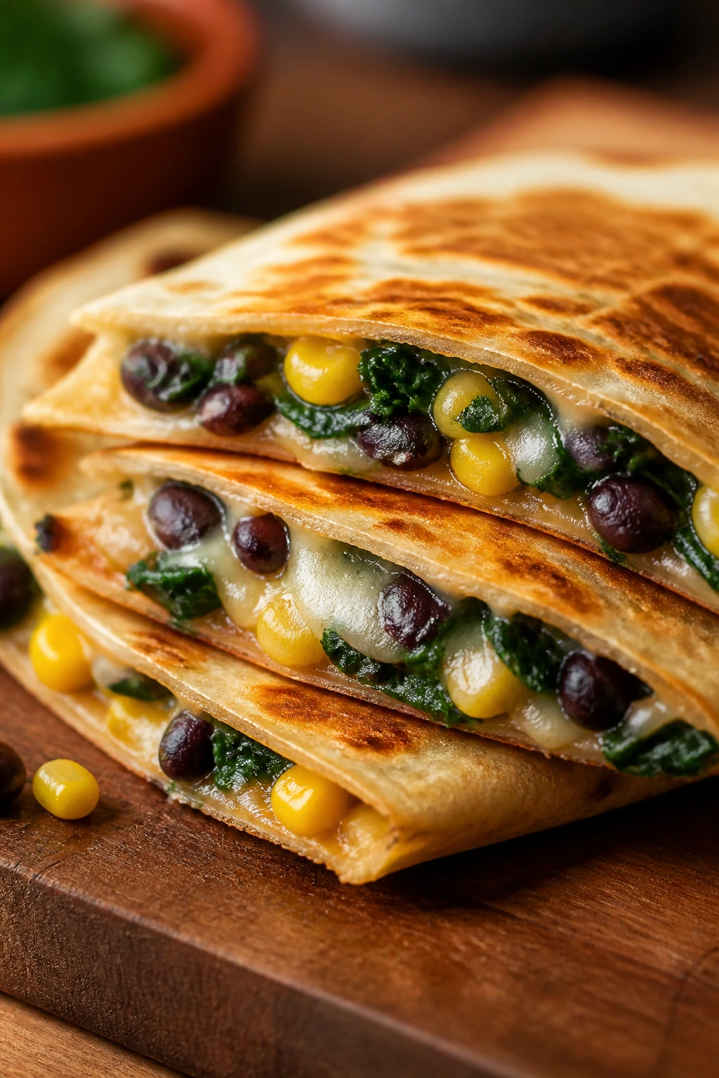 Cross-section of a black bean quesadilla with corn and spinach on wooden board