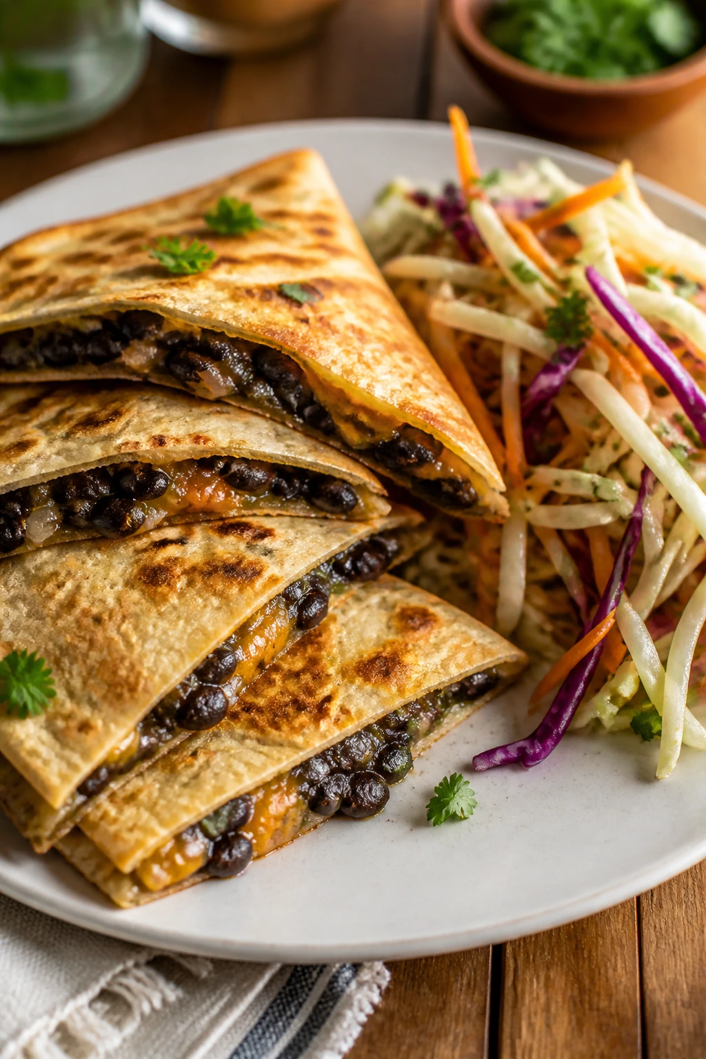 Crispy black bean quesadillas with crunchy slaw.