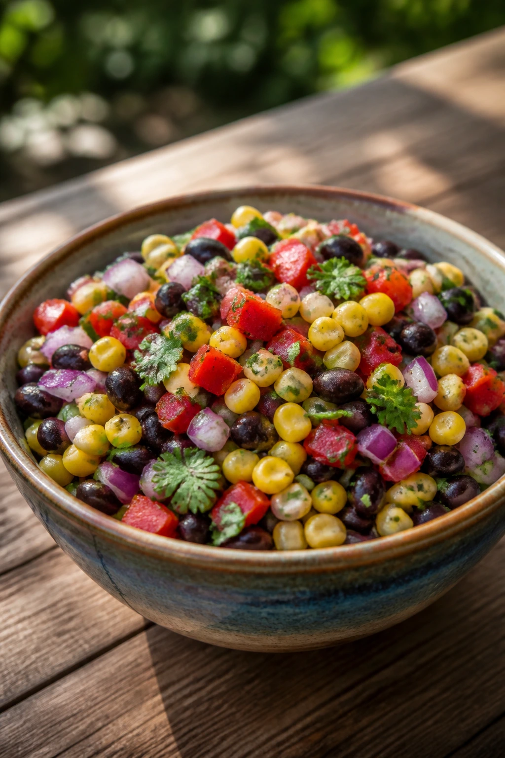 Bowl of black bean and corn salsa for picnics