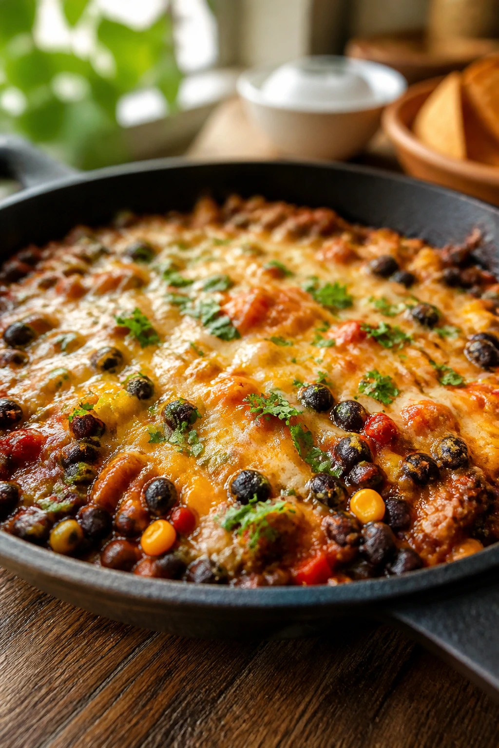 Skillet of black bean taco filling with corn and cheese.