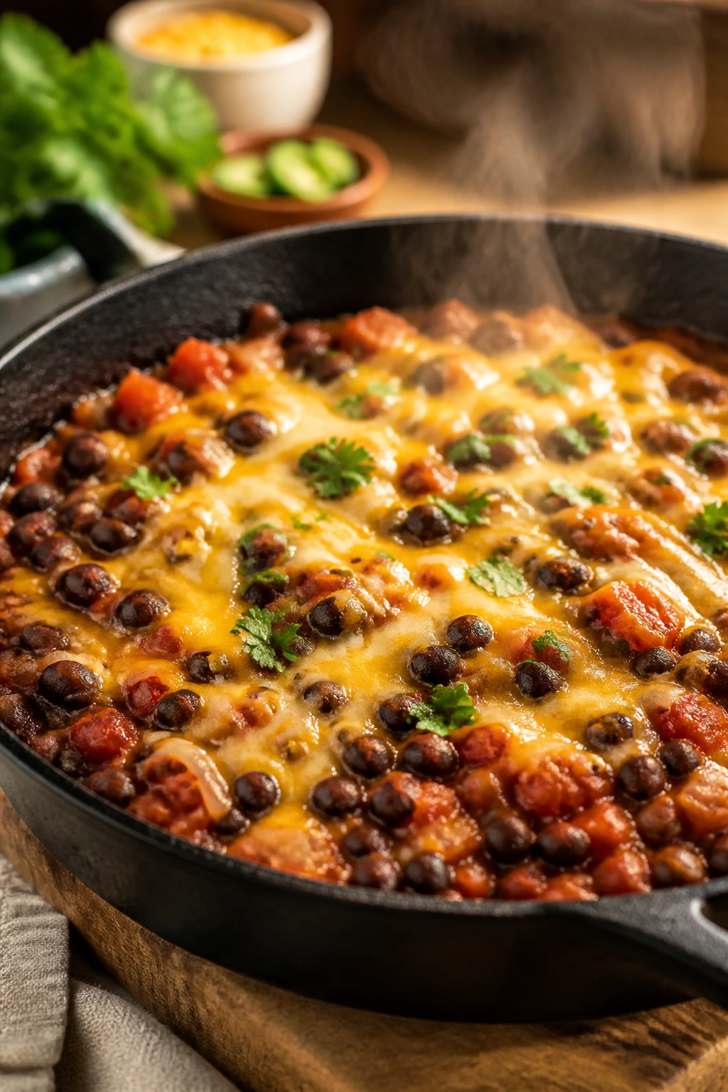 One-pan black bean taco skillet with melted cheese on a warm kitchen table
