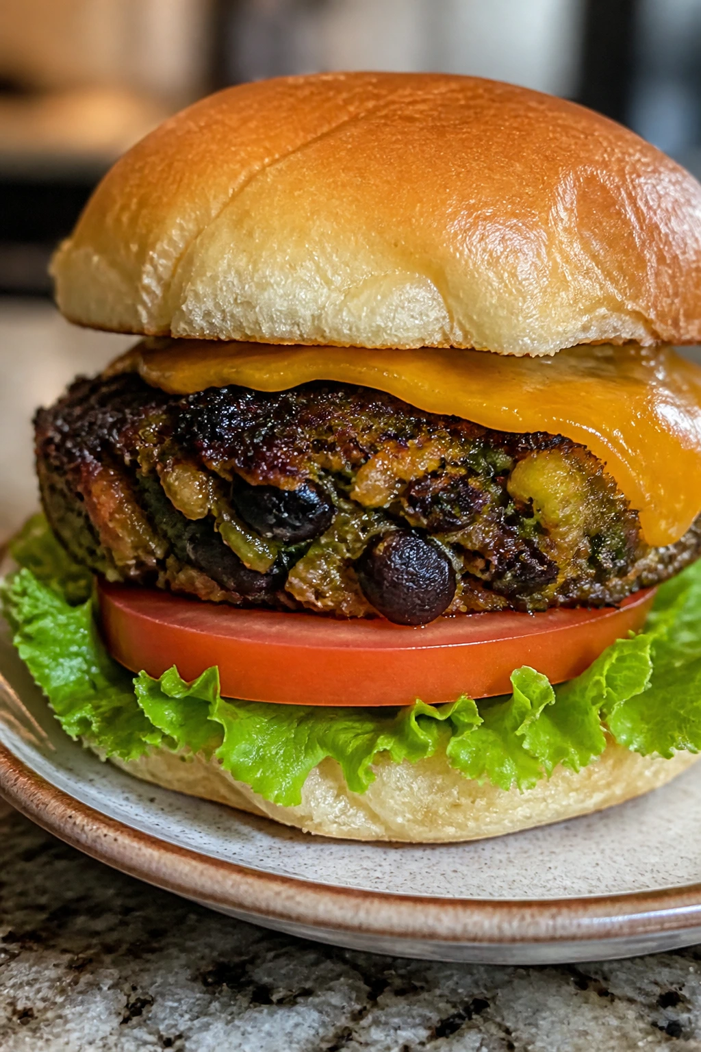 Close-up of a black bean burger slider with cheese and toppings