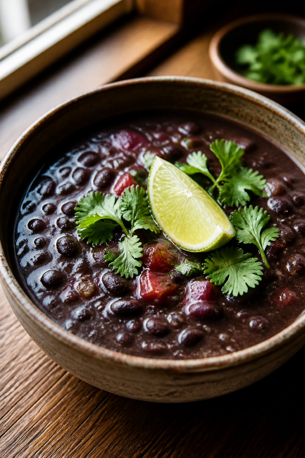 Dark black bean soup with lime and cilantro in a bowl