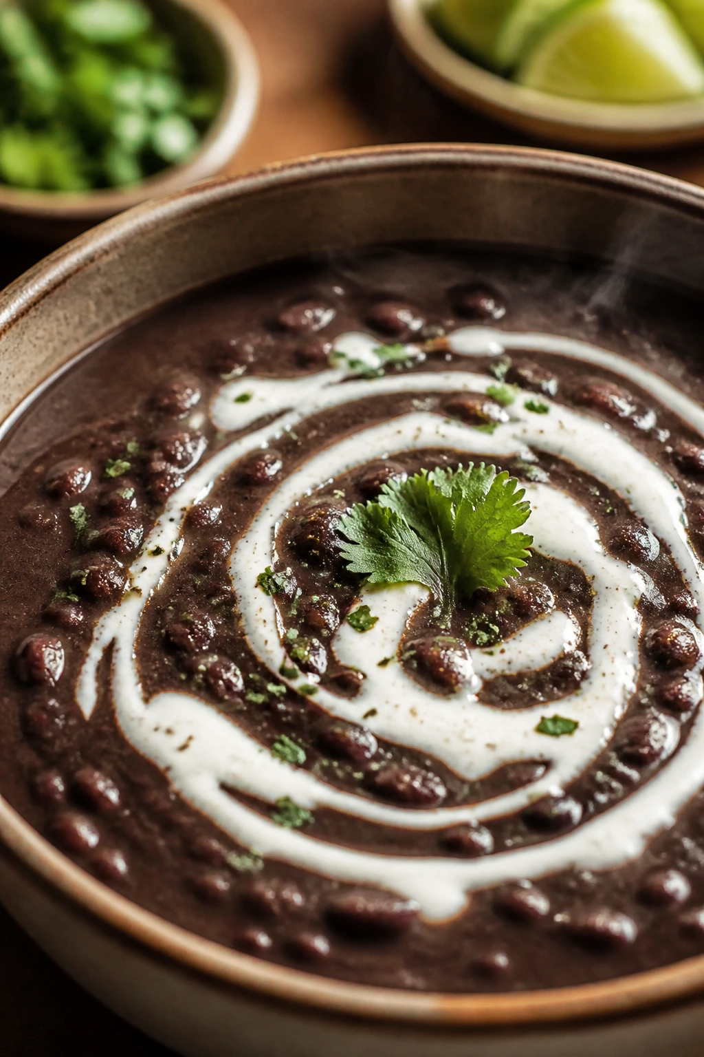 Thick black bean soup with lime crema swirl