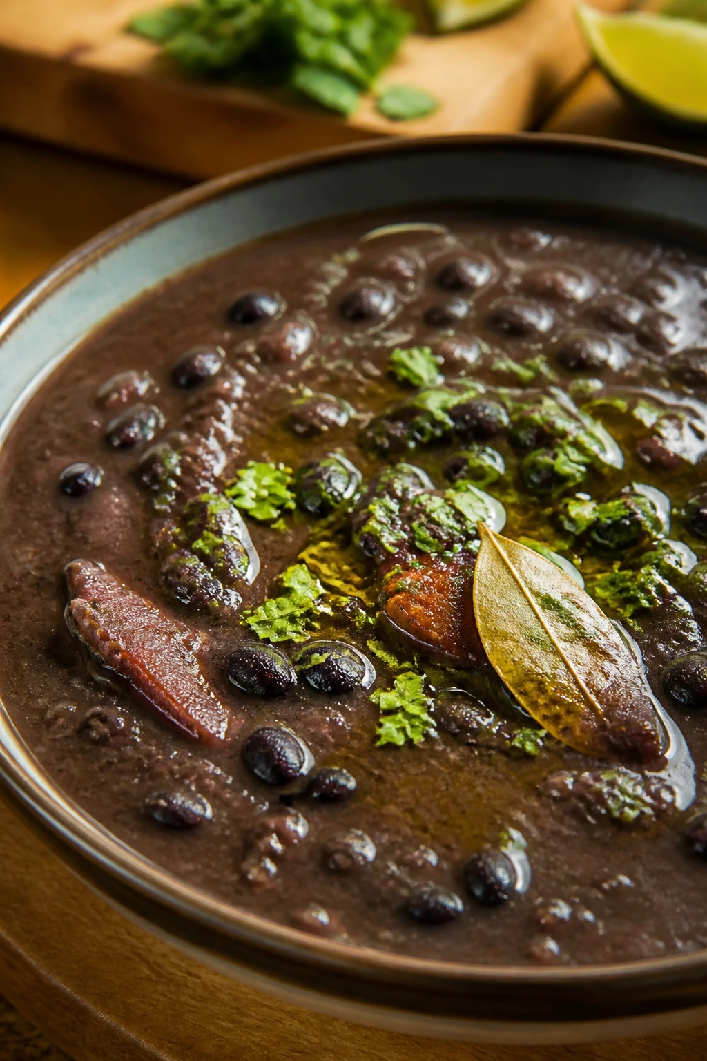 Glossy Cuban black bean soup with a citrus brightness in a warm kitchen