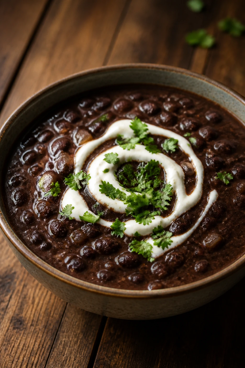 Thick black bean soup with sour cream swirl and cilantro