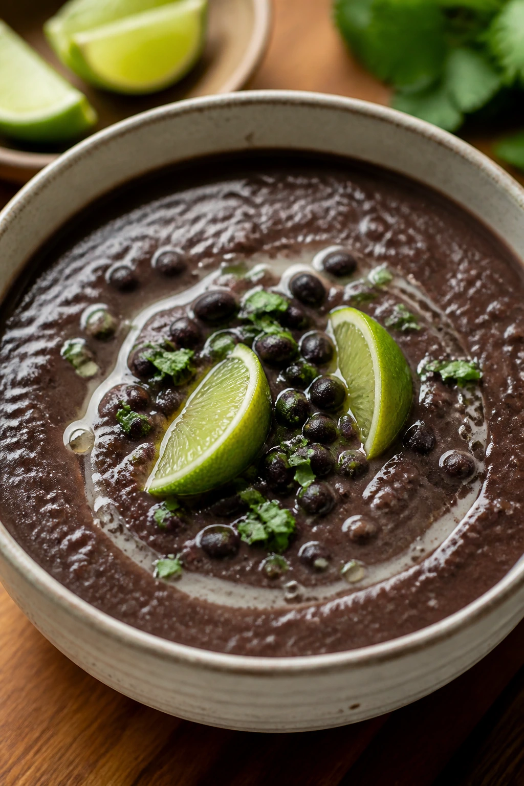 Dark black bean soup in a bowl with lime drizzle
