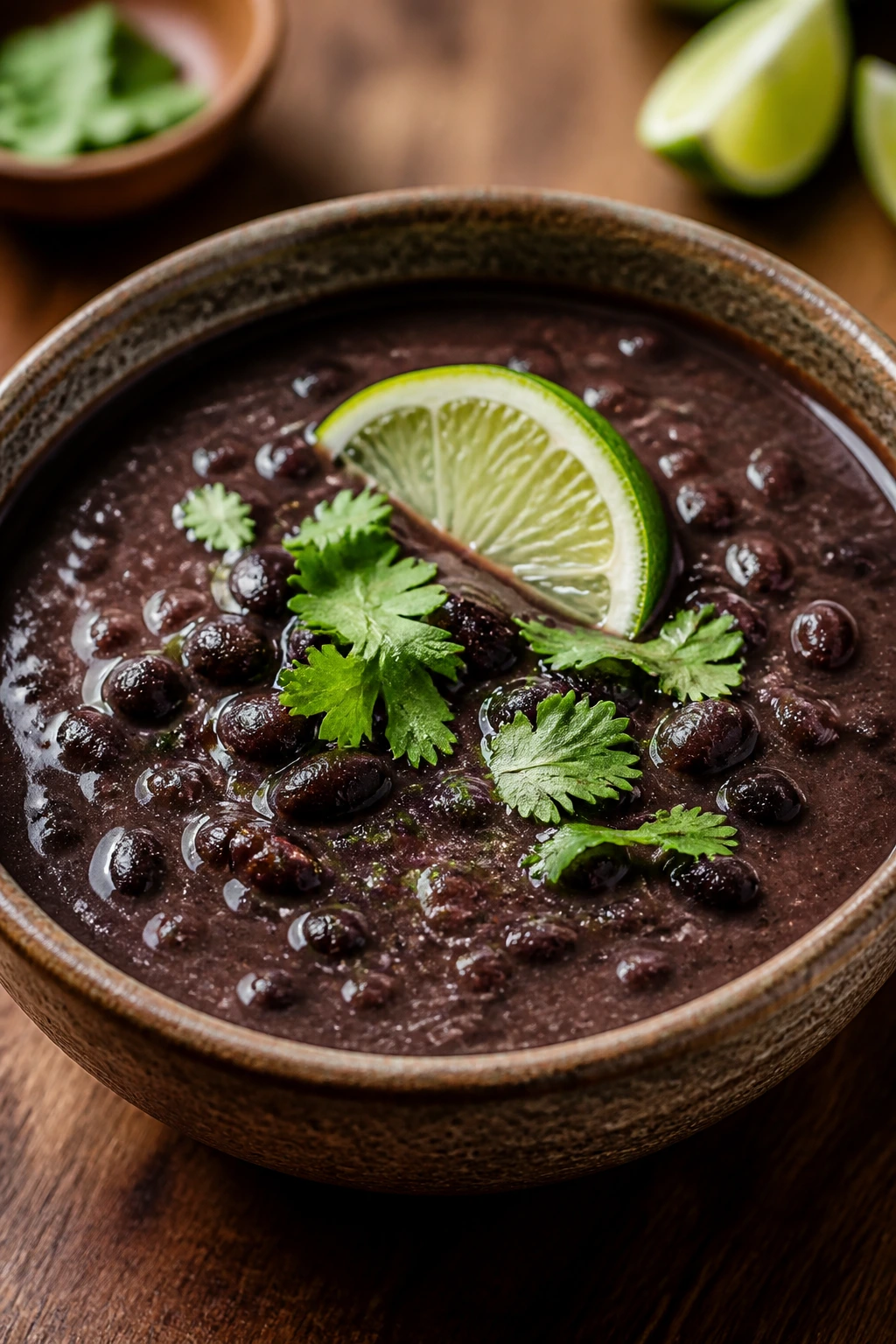 Close-up of black bean soup with lime garnish in a rustic bowl