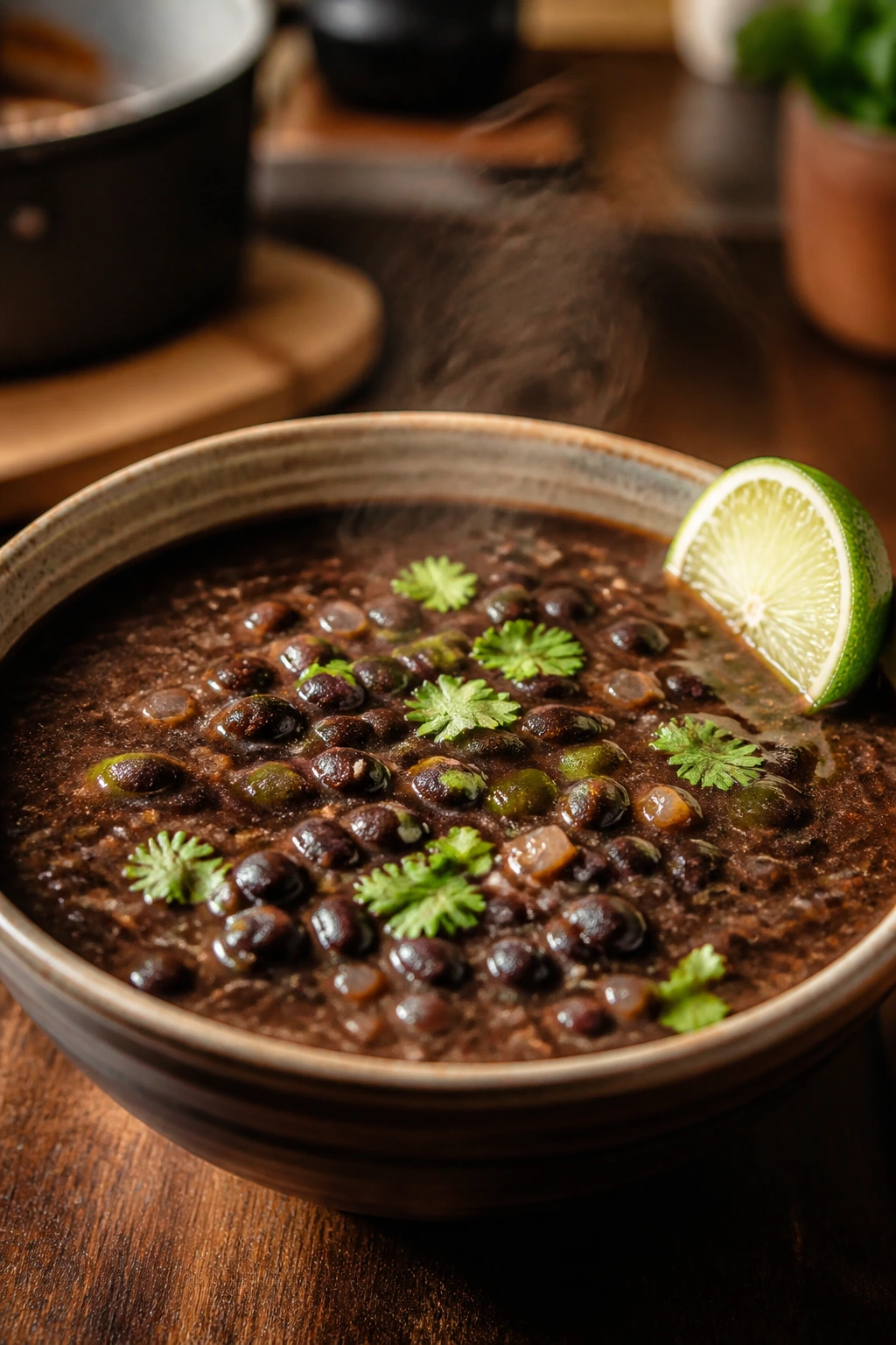 Smoky black bean soup with lime finish in a rustic bowl