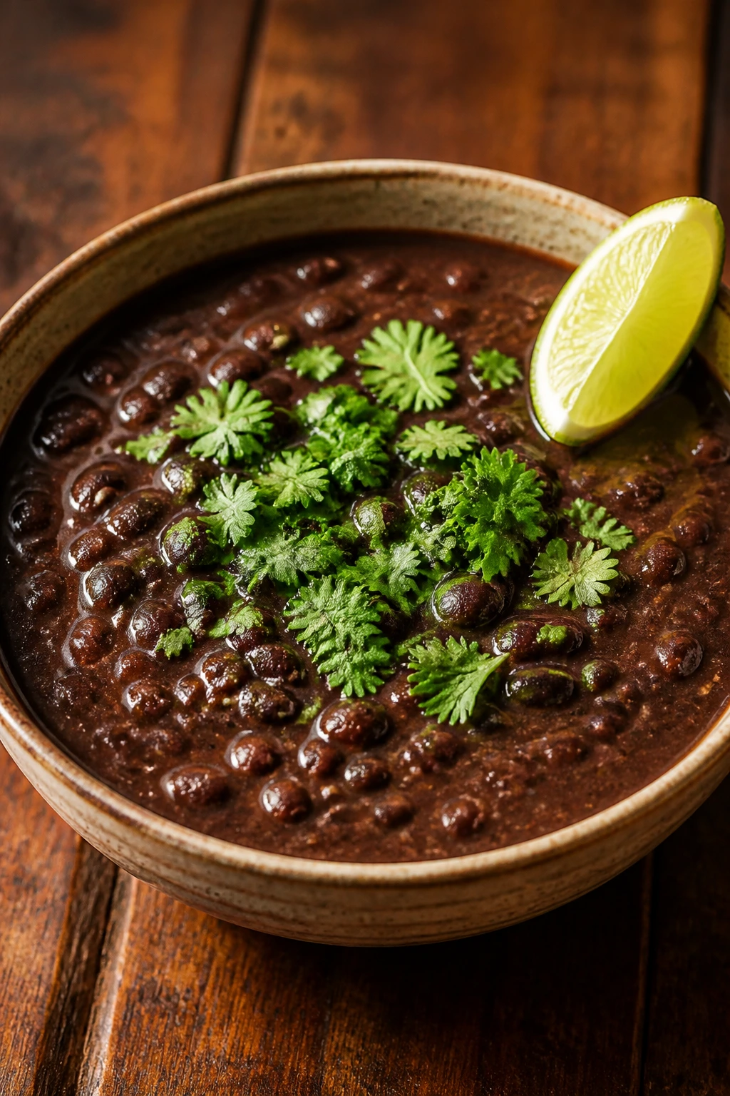 Bowl of smoky black bean soup with lime and cilantro on a wooden table